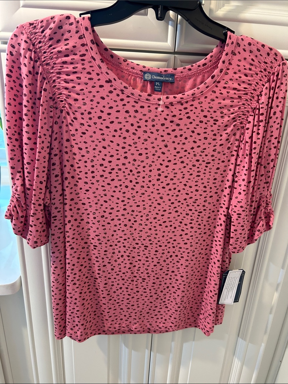 Democracy Pink Short Sleeve Ruched Shoulder Dot Top